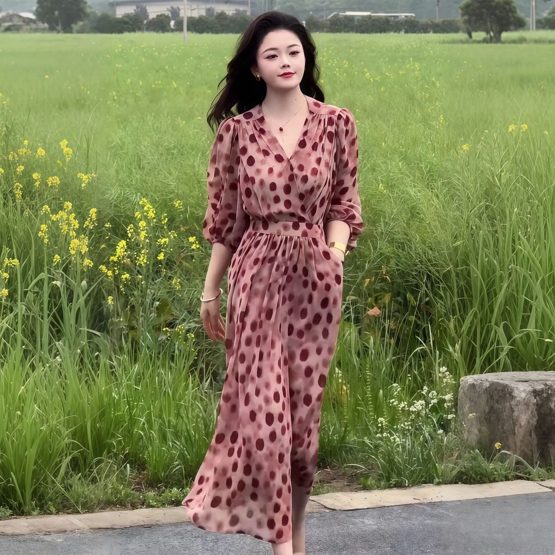 红色波点连衣裙女2025夏新款法式复古V领收腰显瘦流行小个子长裙