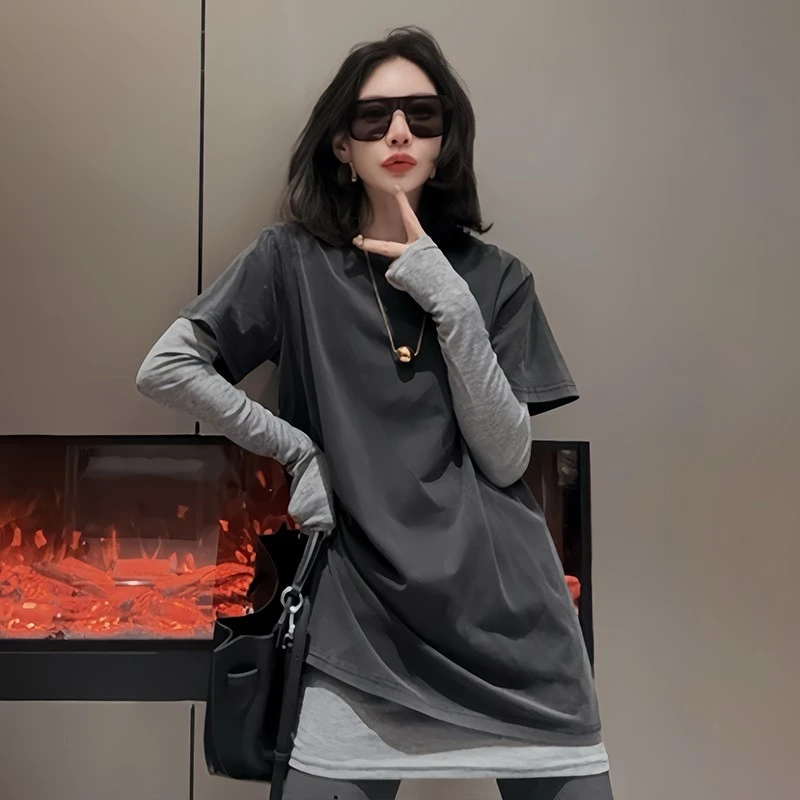 中长款真两件套长袖T恤女春秋2025新款韩版洋气水洗做旧打底衫潮