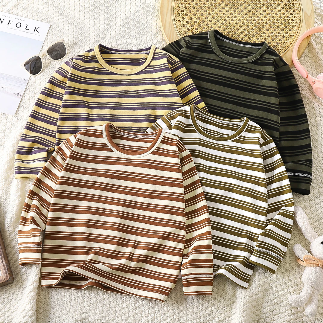 休闲春秋上装秋衣儿童男女童亲肤内搭条纹宝宝德绒打底衫圆领