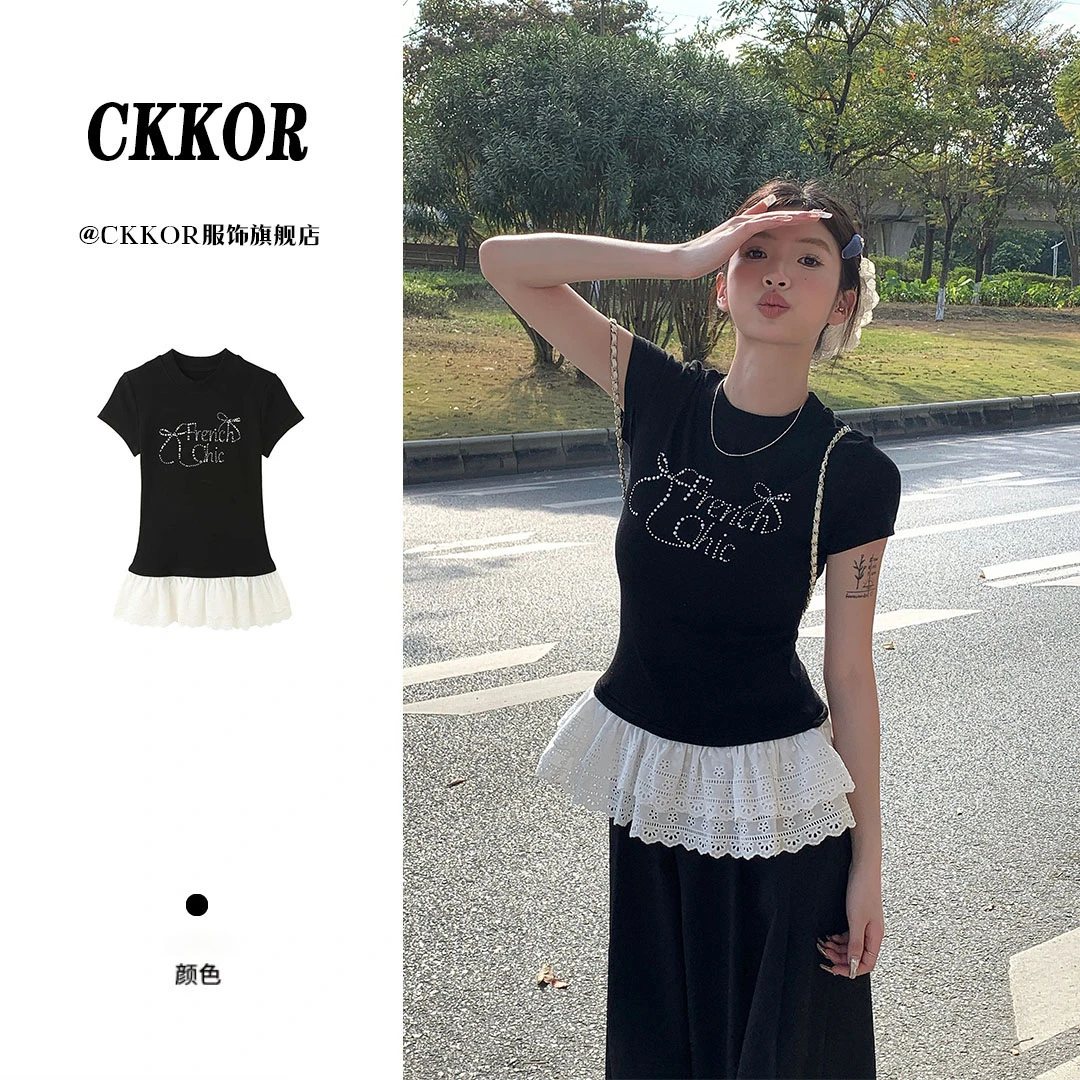 CKKOR夏季新款烫钻修身显瘦上衣短袖圆领T恤小众欧美学院风拼接
