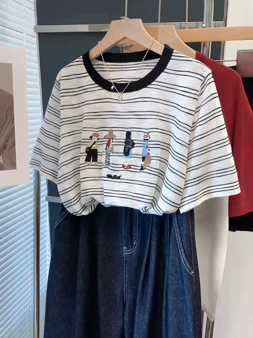 m168【竹节麻】条纹针织大码短袖夏季薄款轻奢高级感刺绣高级感上衣