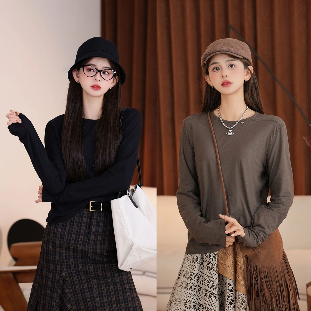 陈佳洁【古道】休闲极简宽松显瘦文艺长袖百搭长袖T恤女款JY8888003