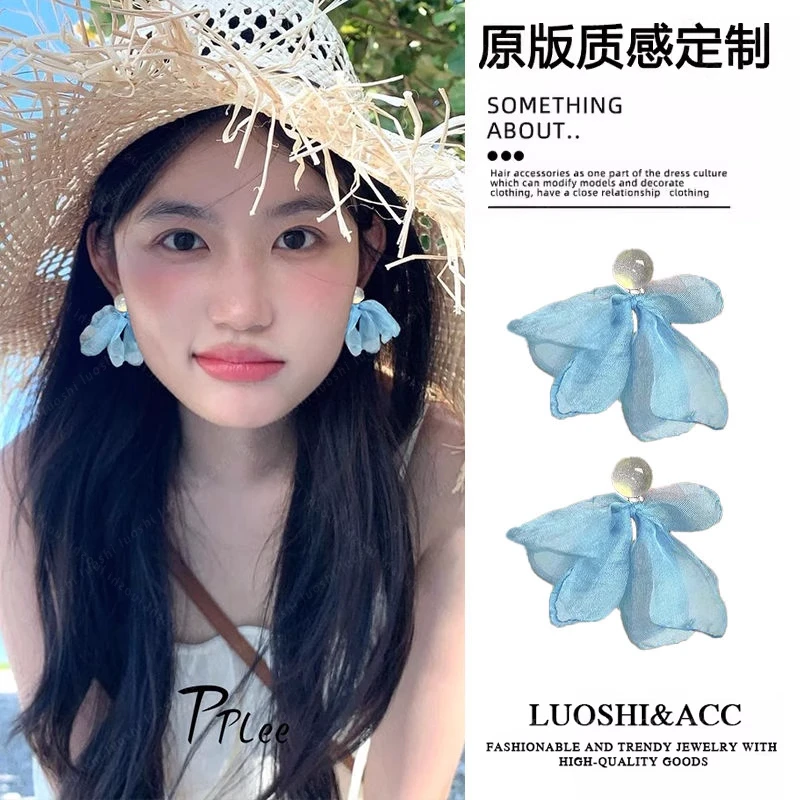 合金耳饰 超仙蓝色爱心雪纺耳环女2025新款甜美可爱耳钉气质耳饰