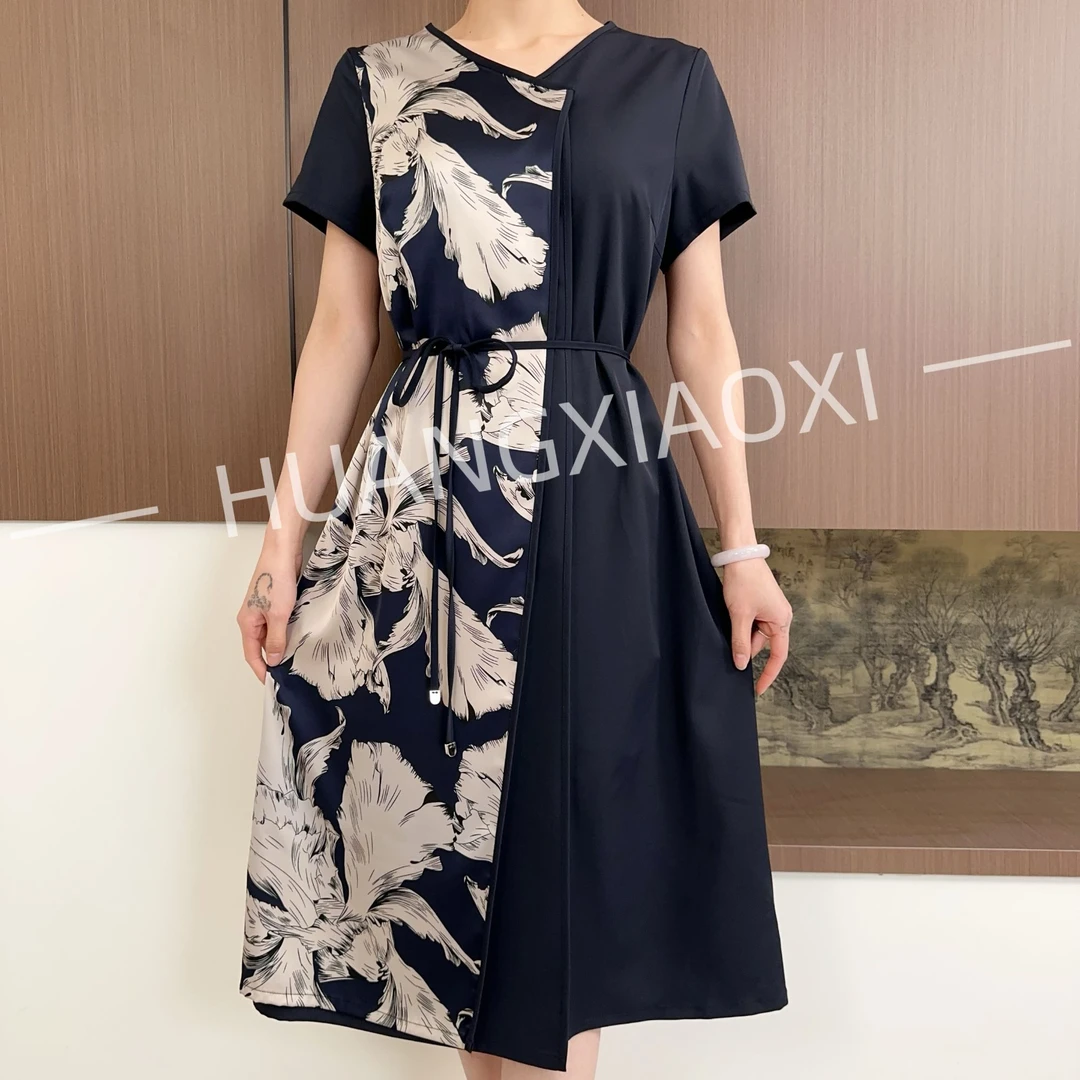 HUANGXIAOXI 唯美羽翼撞色高级感藏青色连衣裙ZF-234