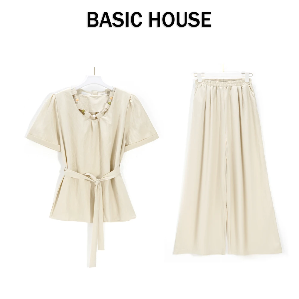 Basic House/百家好CSM新款设计感短袖衬衣收腰显瘦阔腿裤套装女