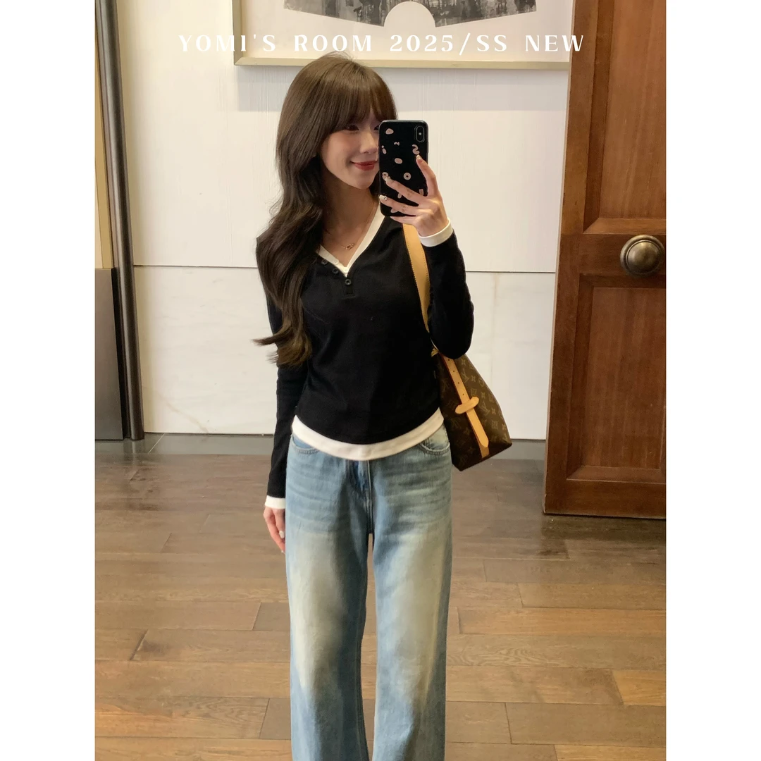 YOMI小个子定制【惬意松弛】V领设计感显瘦百搭长袖T恤上衣春季新款