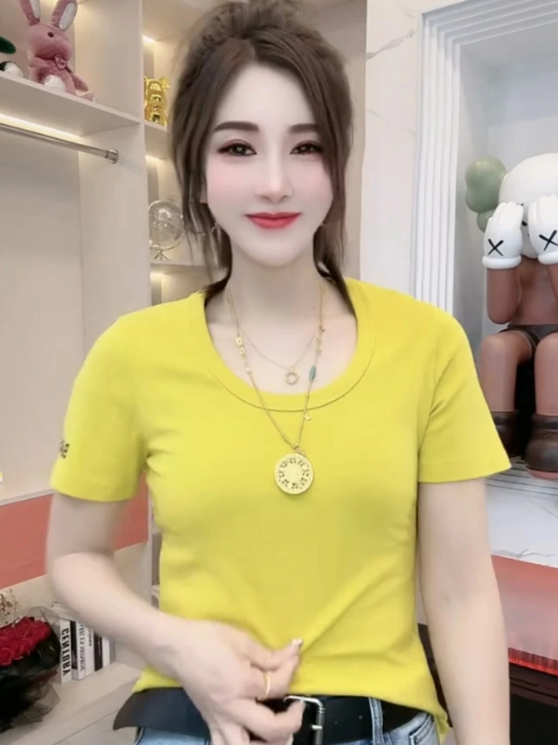 爆款春夏季新款气质短袖女糖果色t恤修身遮肉显瘦百搭上衣外穿