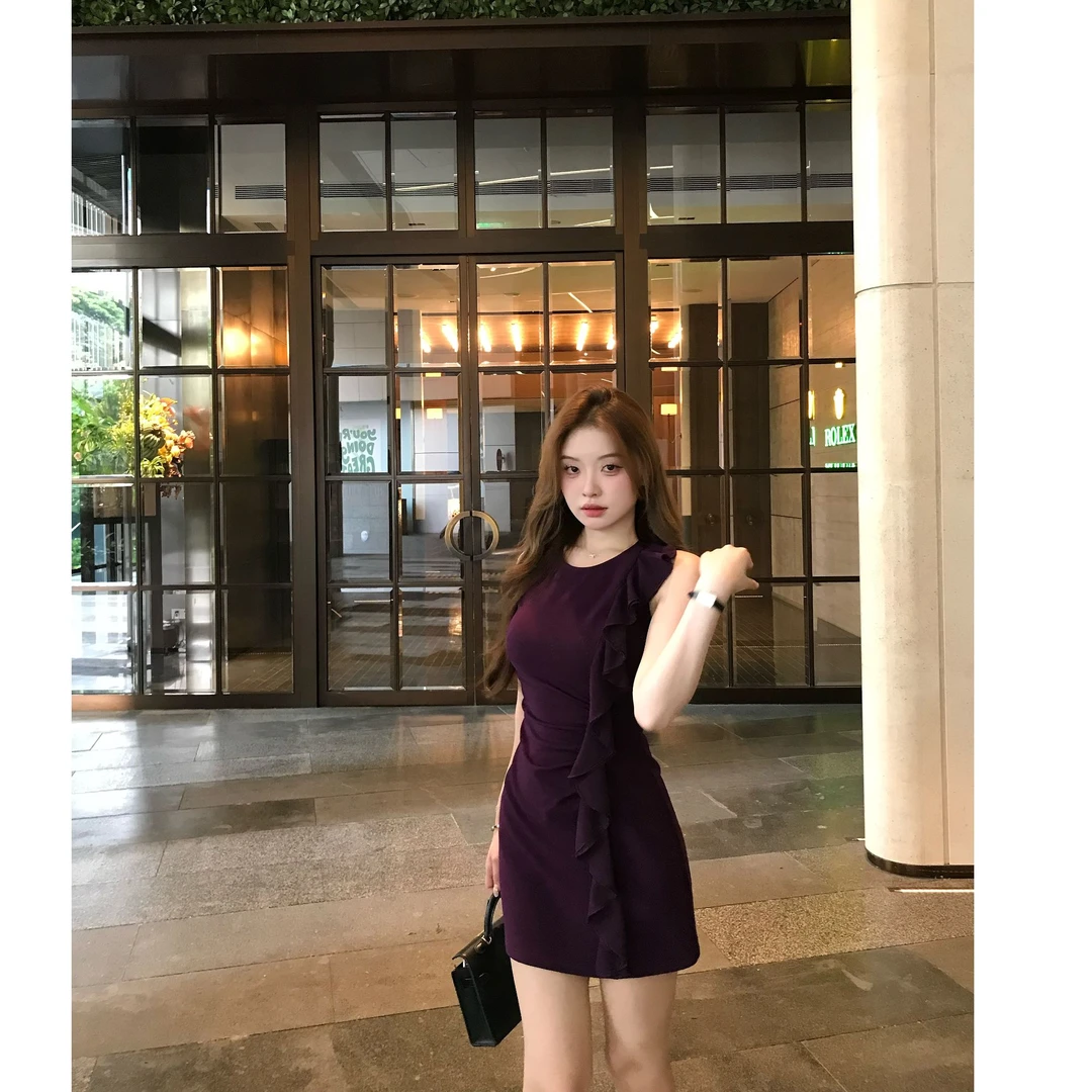 SZA【夜花绮梦】夏季新款温柔荷叶边无袖背心收腰短款连衣裙A-2100