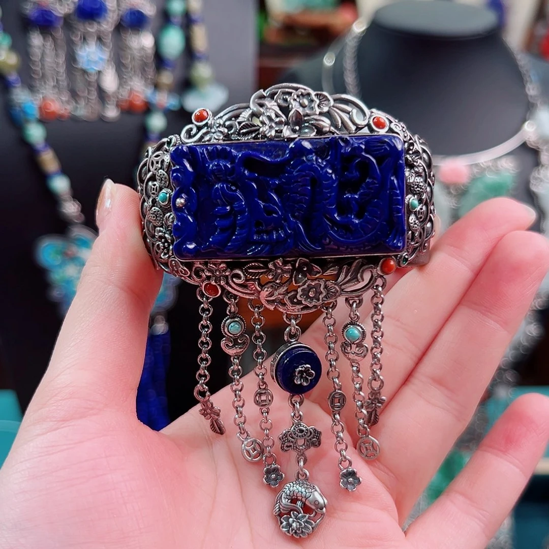 青金石银S925镶嵌手镯手镯