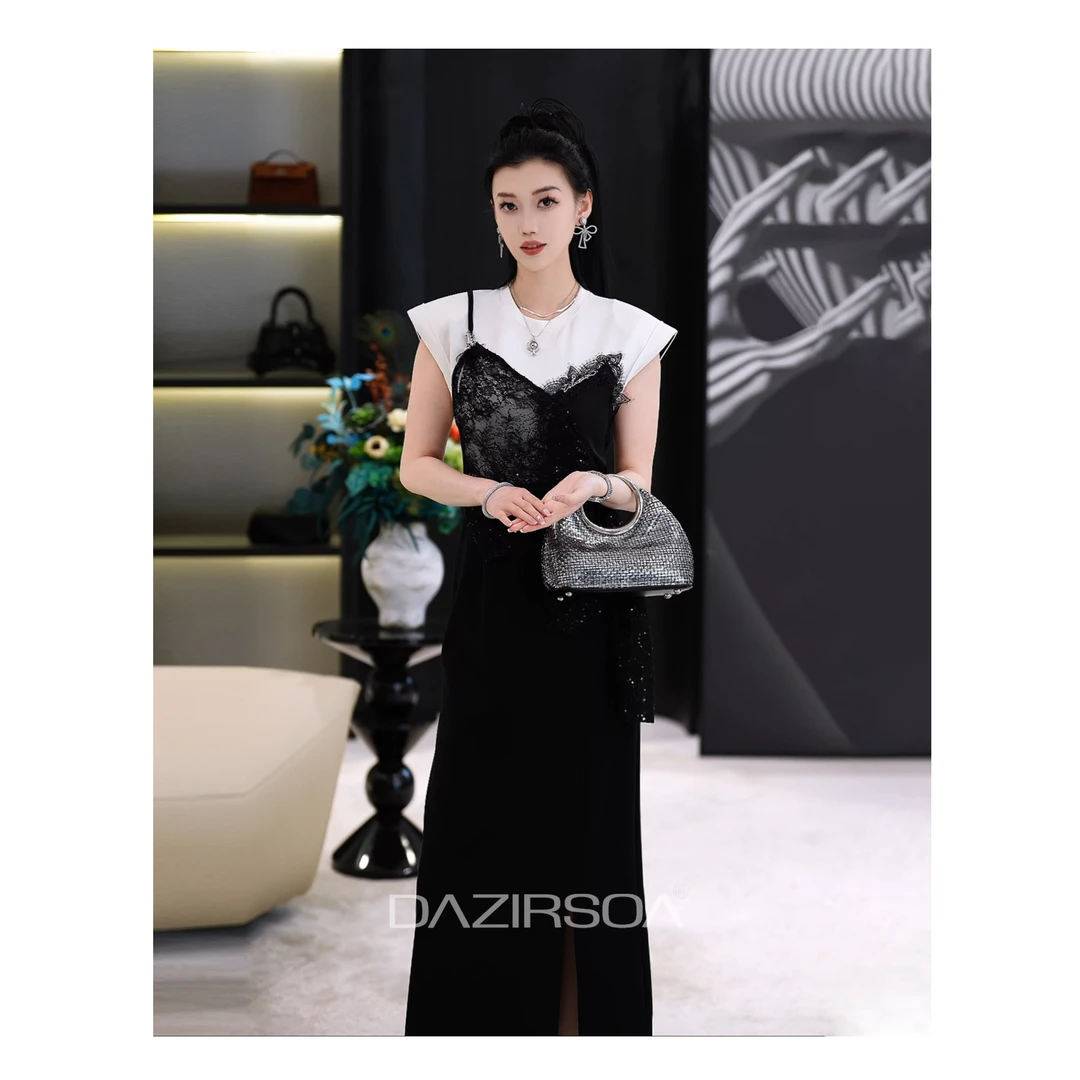 DAZIRSOA/达姿“真我故事”时尚百搭拼接蕾丝花边黑白连衣裙 AA093