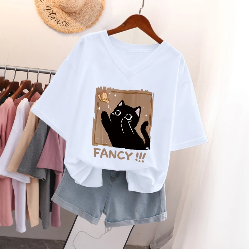 2025年夏季新款宽松胖mm大码V领纯棉短袖t恤女装设计感小众上衣服