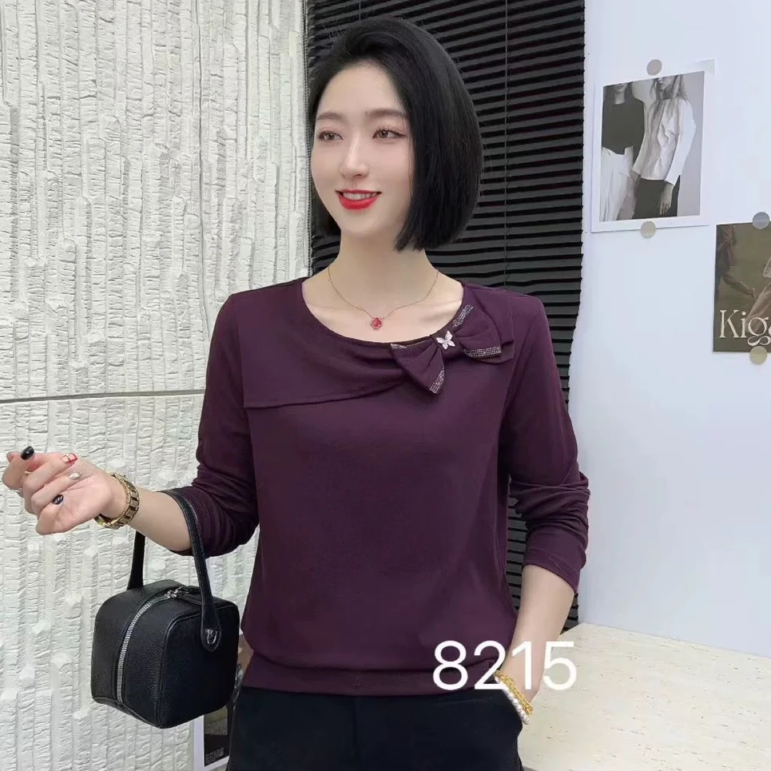 8215高品T恤蝴蝶结针织拼接修身型女春秋长袖休闲洋气百搭