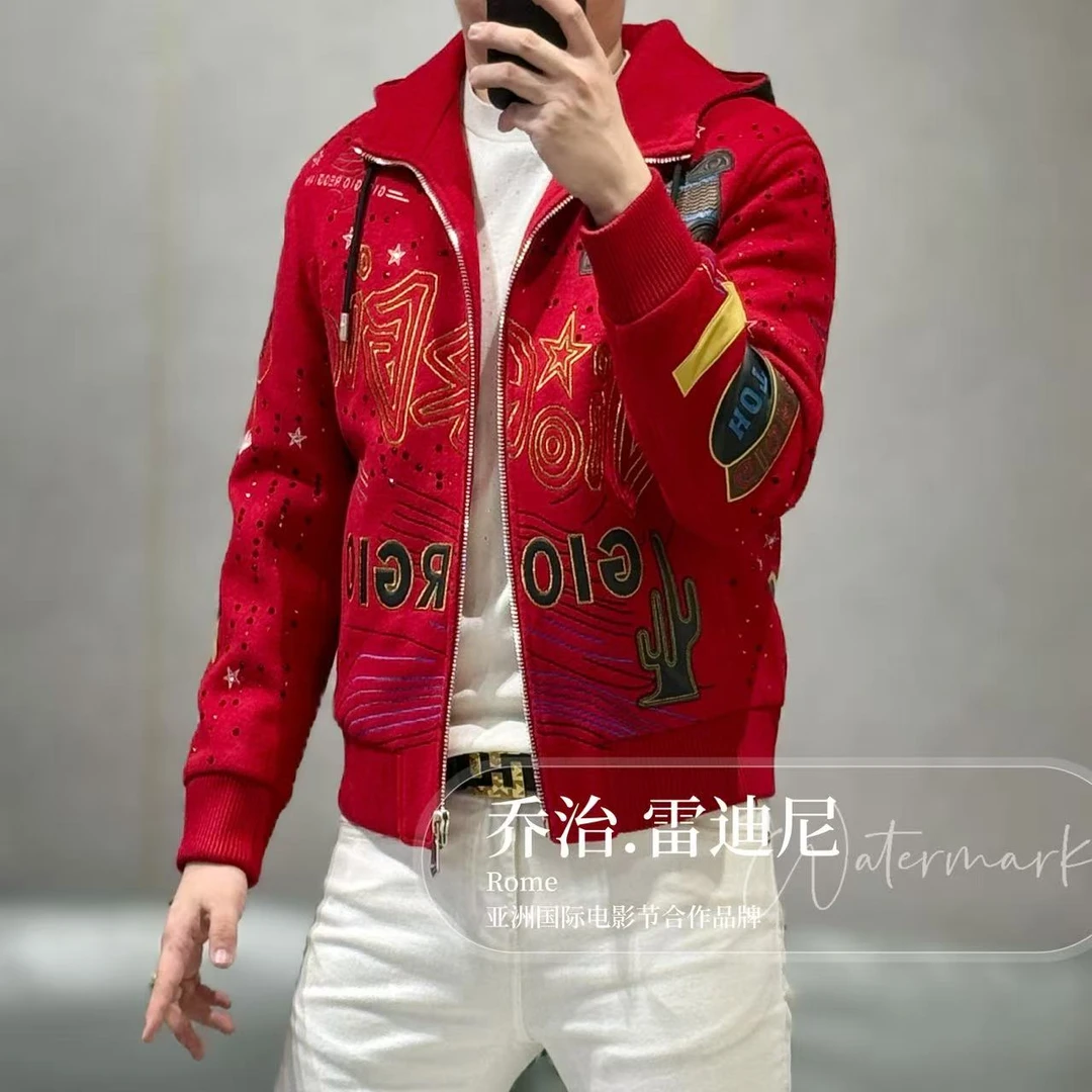 高端男士进口羊毛真皮拼接牛仔很忙连帽夹克257138