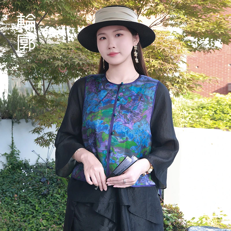 轮廓松韵新中式印花真丝马甲L242Y064复古时尚百搭宽松圆领短马夹