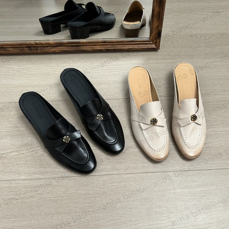 3cm/ED1984牛皮包头半拖鞋女外穿夏季新款凉拖圆头粗跟中跟穆勒鞋