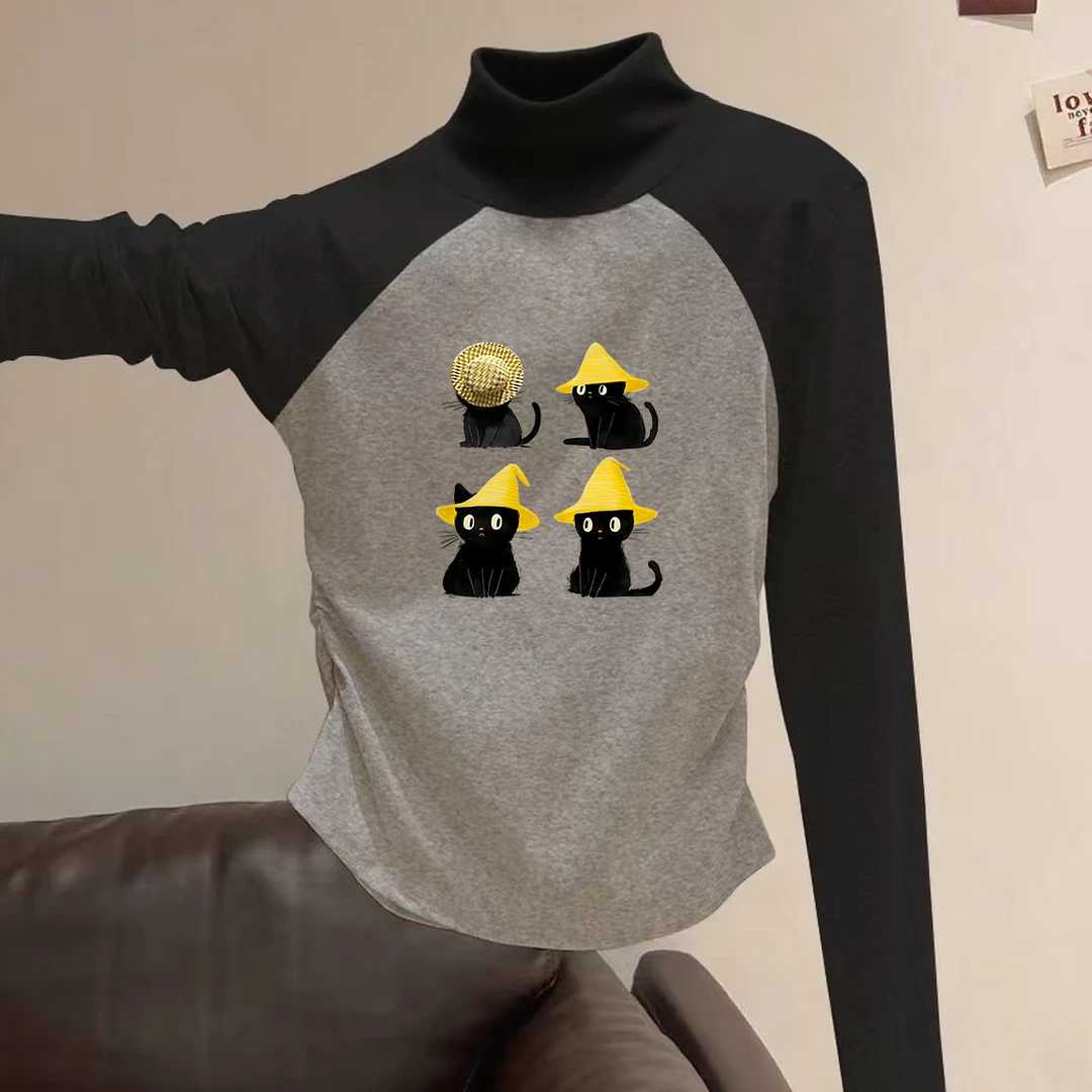 百搭打底衫秋冬拼色插肩长袖T恤女内搭半高领显瘦上衣中领设计感