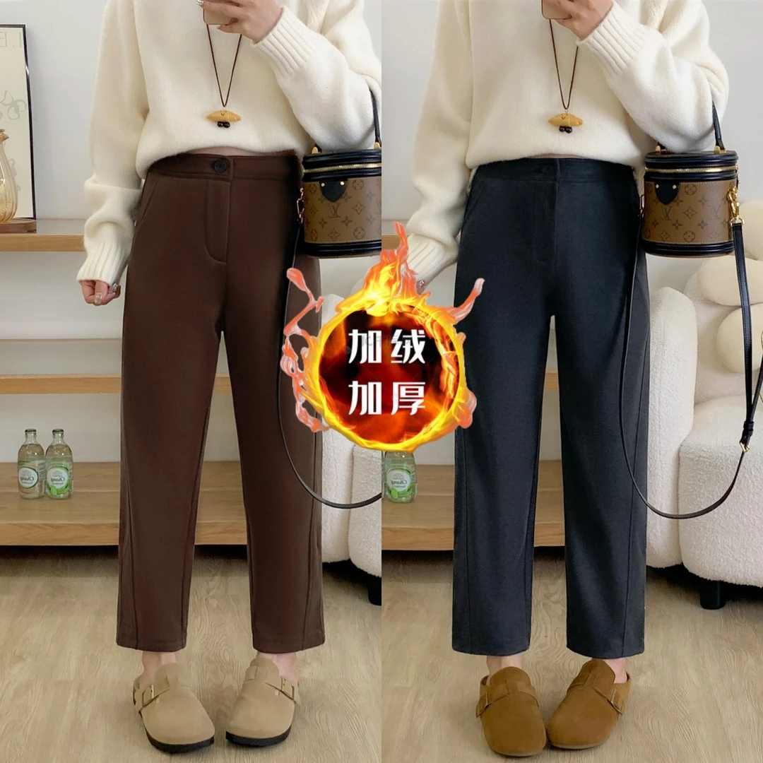 大码冬季款加绒直筒阔腿休闲裤女梨形身材宽松显瘦高腰百搭九分裤