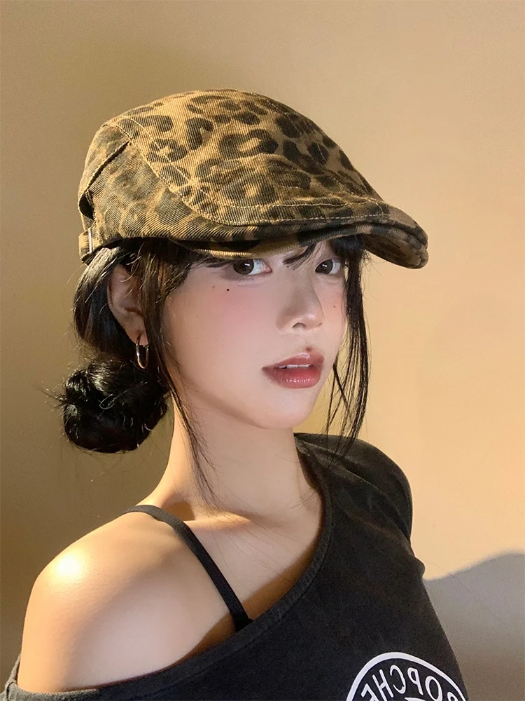 美式复古辣妹豹纹前进帽女秋小众y2k大头围贝雷帽百搭显脸小帽子