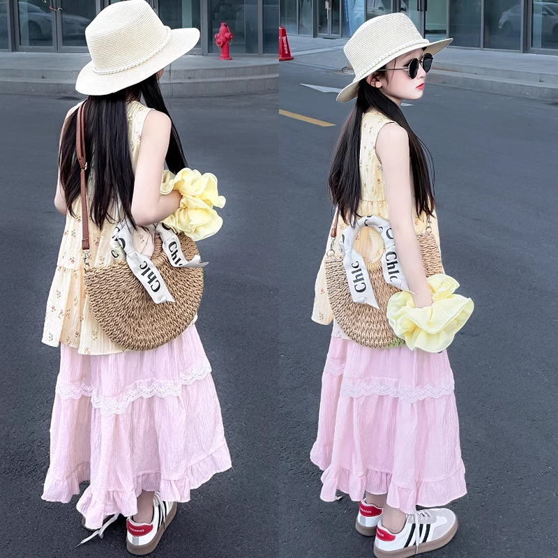 女童夏季连衣裙套装轻薄洋气无袖上衣两件套2025女孩夏装网红童装