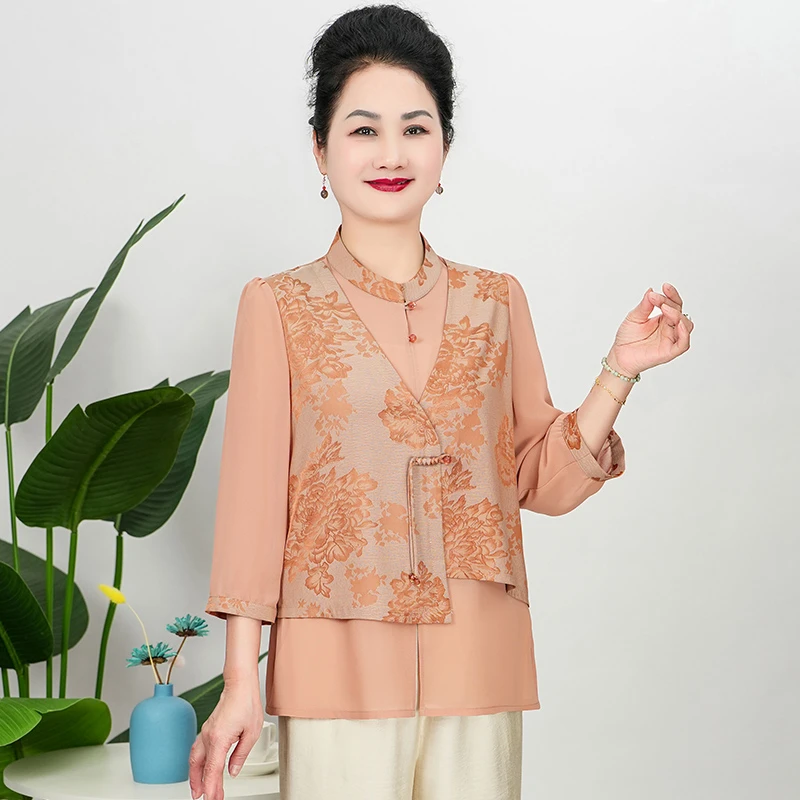 华太太洋气中年妈妈装国风七分袖新中式国风时尚大码衬衣B25810