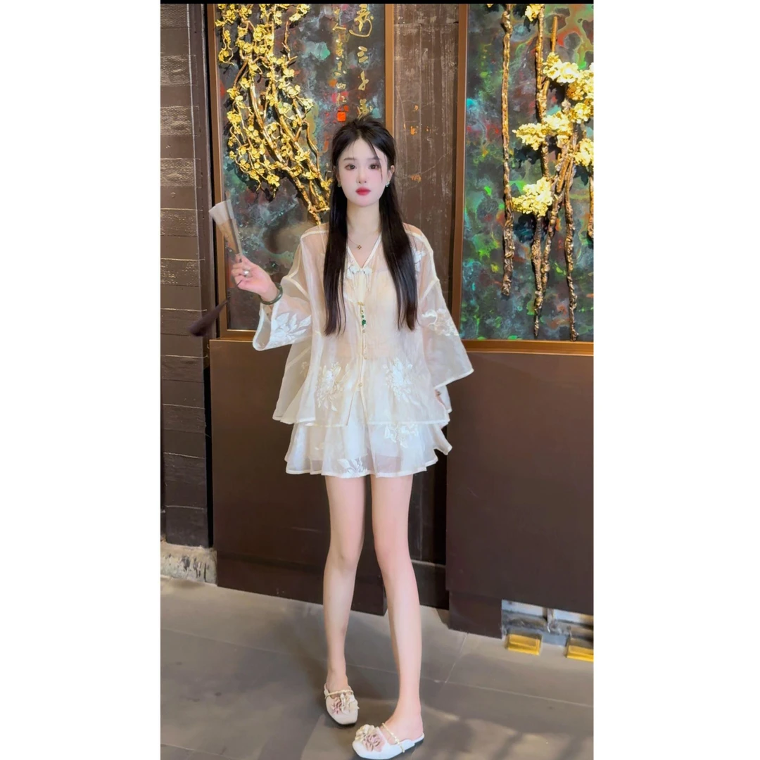 夏季新中式时尚套装小个子收腰重工显瘦上衣+刺绣裙裤气质两件套