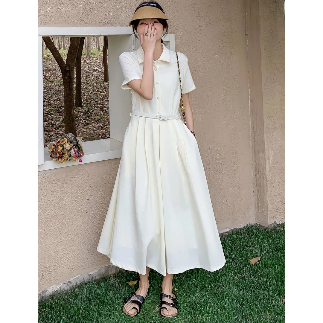 Benview白色连衣裙女2025夏季新款简约通勤高级感polo领衬衫裙