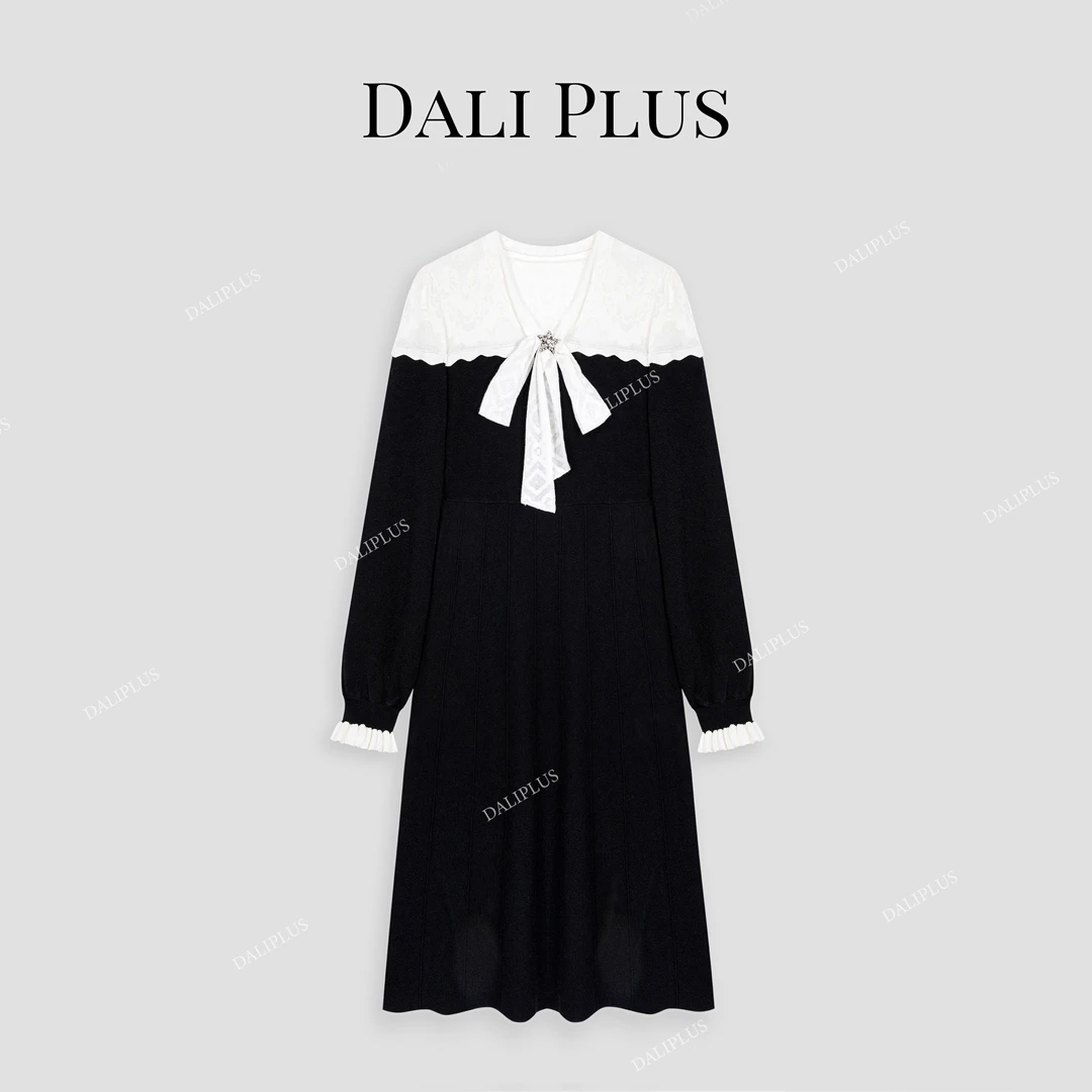 DALI PLUS高支羊 毛精致烧花飘带蕾丝气质针织连衣裙-D4QX0095