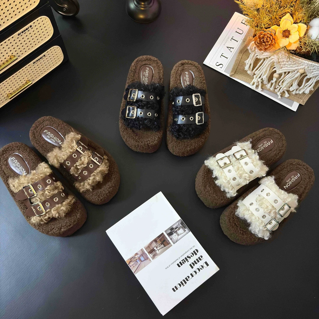 2025韩版网红秋冬季时尚百搭外穿居家厚底防滑毛绒软底毛毛鞋