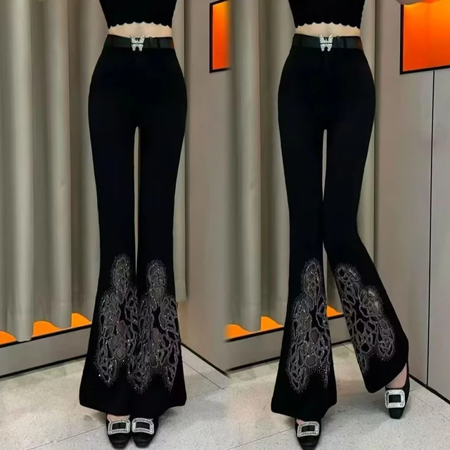 亮钻镂空皮带喇叭裤女春夏新款时尚薄款百搭修身显瘦休闲高腰裤子