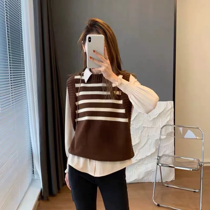 条纹马甲针织衫背心女2024初秋新款韩版百搭叠穿上衣宽松无袖7396
