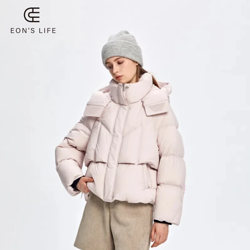 EON'S LIFE时尚简约风外套女连帽泡芙羽绒服短款鹅绒服089
