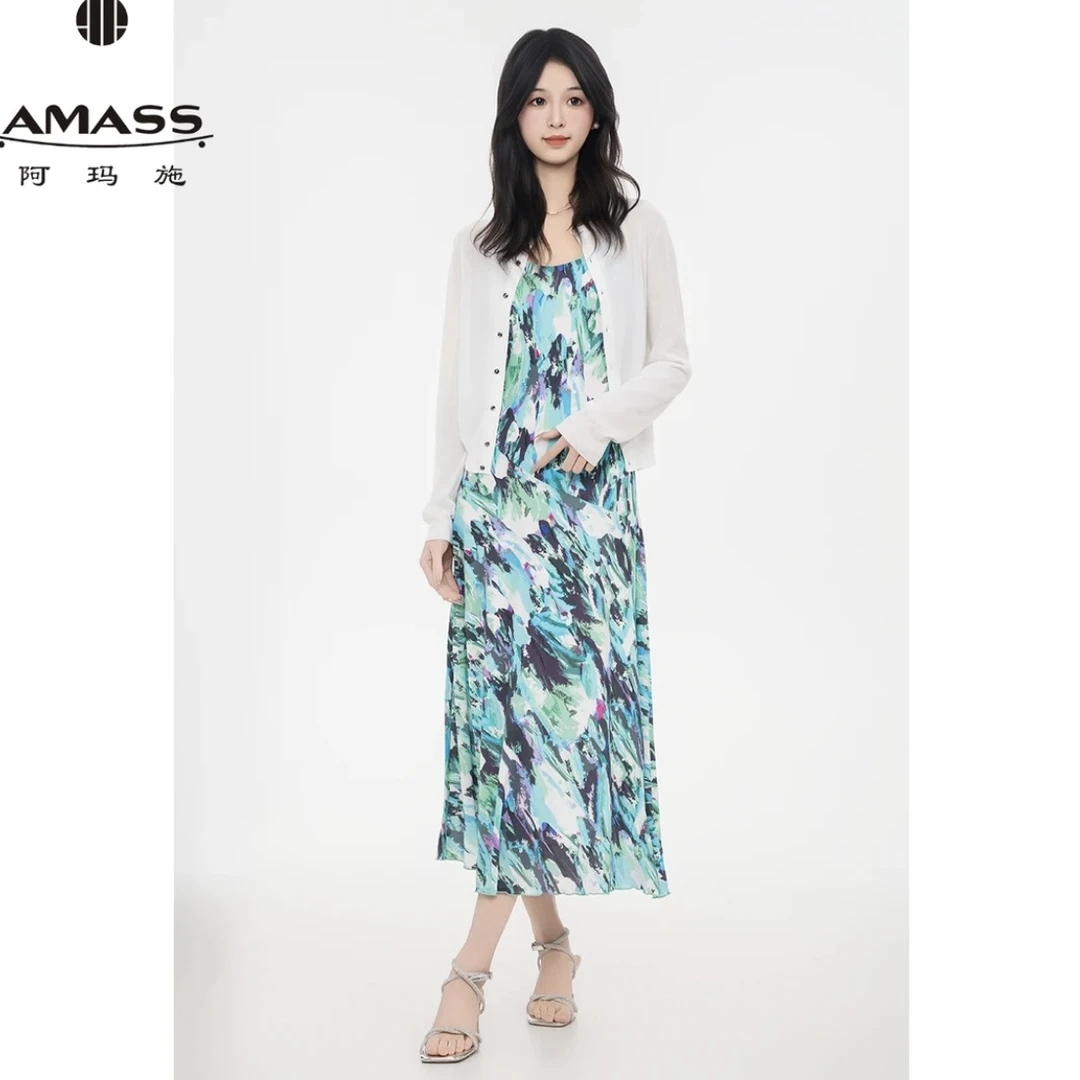 AMASS/阿玛施新款女装时尚优雅气质水墨色彩长款吊带连衣裙550010