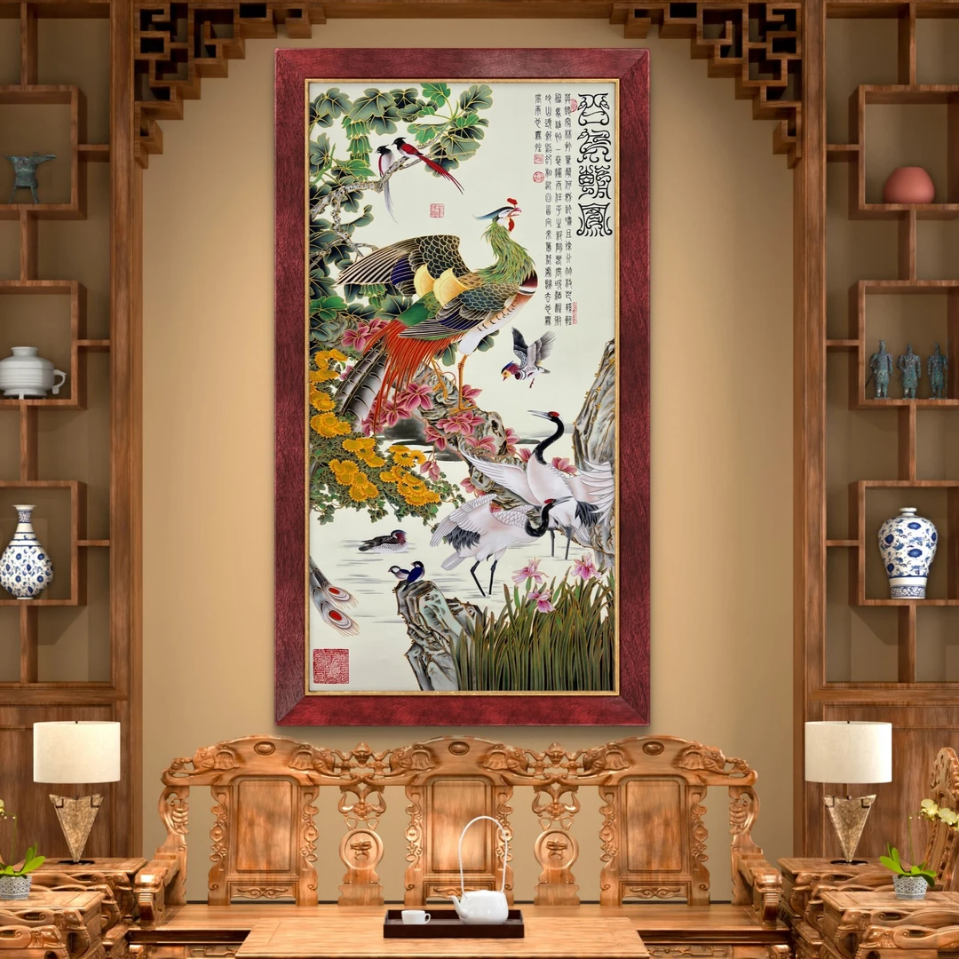 《百鸟朝凤》杭州锦丝绫布软装裱