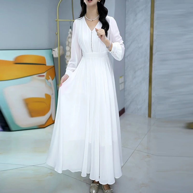 早秋新款连衣裙时尚显瘦气质长袖纯色收腰仙女裙轻奢秋季大摆裙