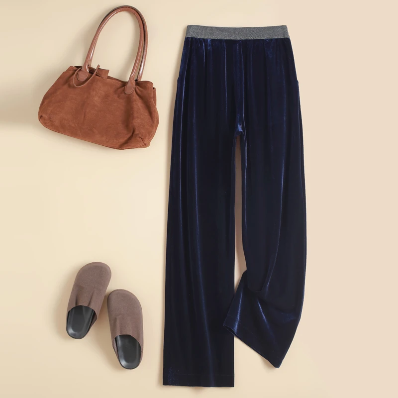 桑蚕丝丝绒窄版阔腿裤4.0腰部撞色休闲裤秋冬高腰垂感拖地长裤女