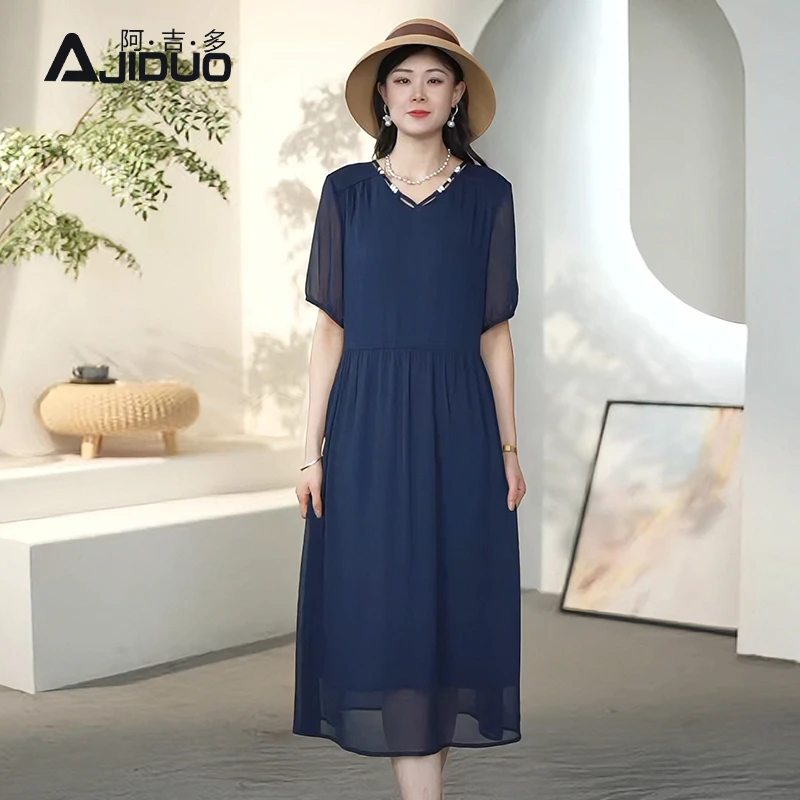 A32097阿吉多蓝色短袖连衣裙女夏季新款高贵气质妈妈裙装大码长裙