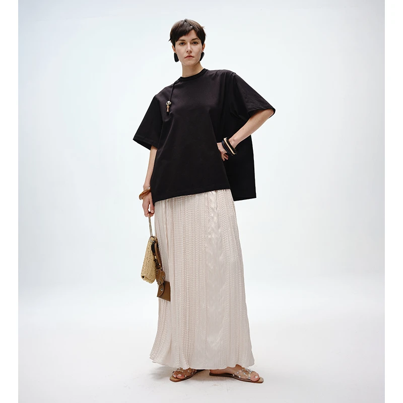 INFFTRU高级感褶皱a字半身裙子女春夏淡人肌理百褶裙高腰显瘦长裙