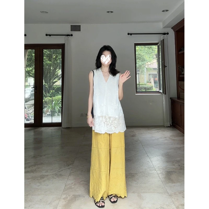夏季重工绣花V领宽松显瘦无袖上衣花边直筒休闲裤套装洋气衣服女