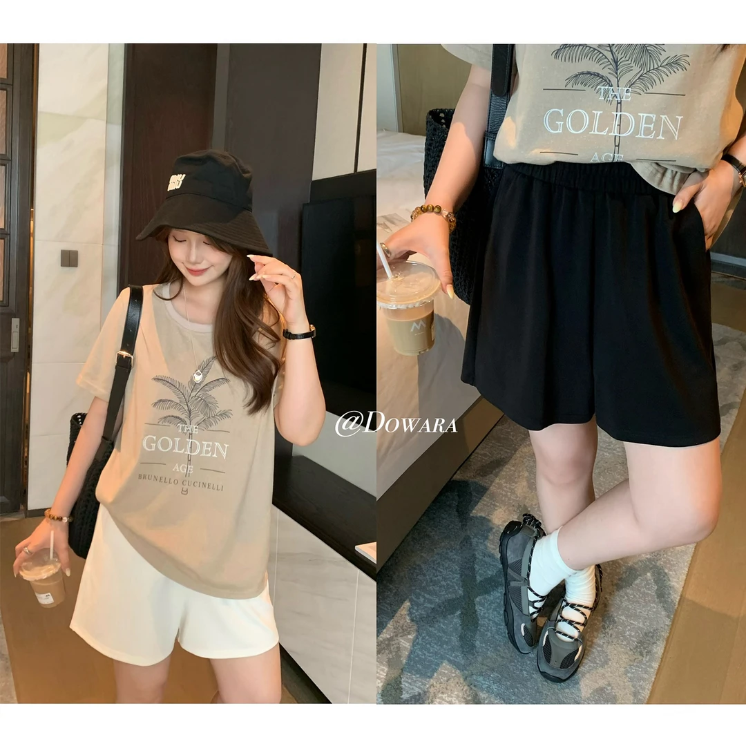 现货8661D大婉酱微胖定制【奶皮短裤】夏季松紧腰高腰显瘦a字休闲裤