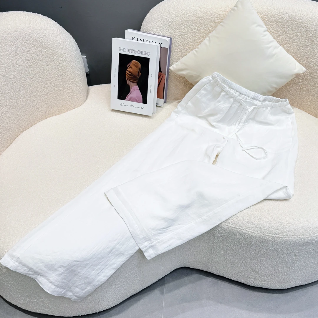 萍姐【小岛微风】休闲百搭苎麻阔腿长裤宽松时尚白色薄款250402