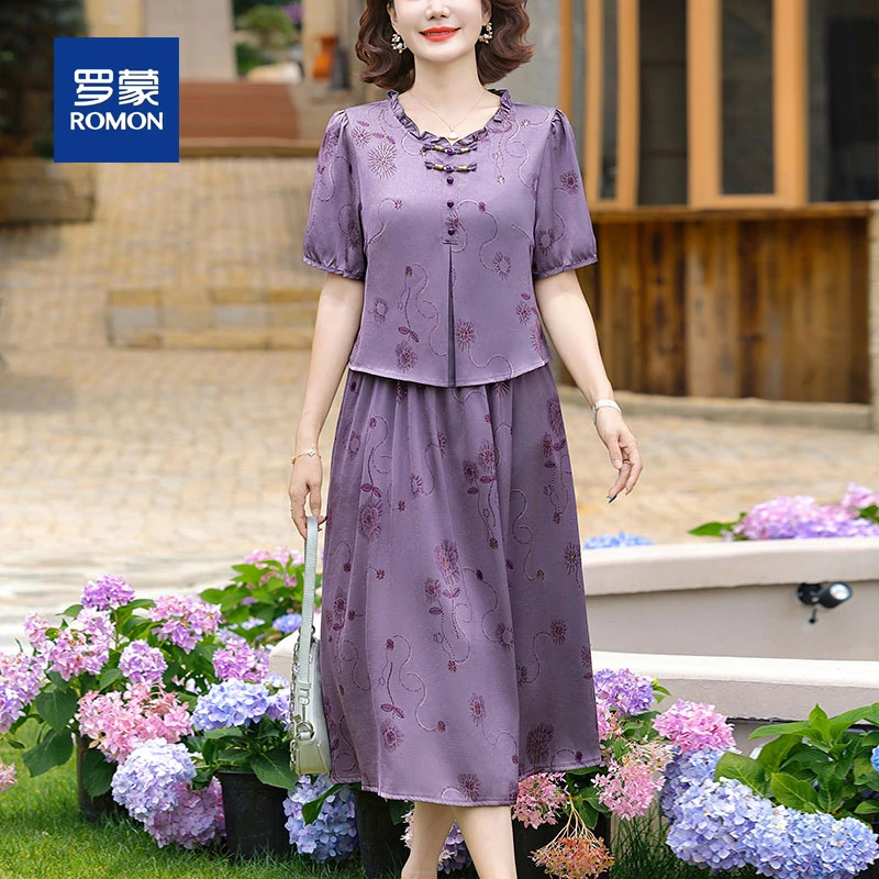 罗蒙高贵中老年妈妈夏装新中式连衣裙新款宽松复古假两件A字裙女