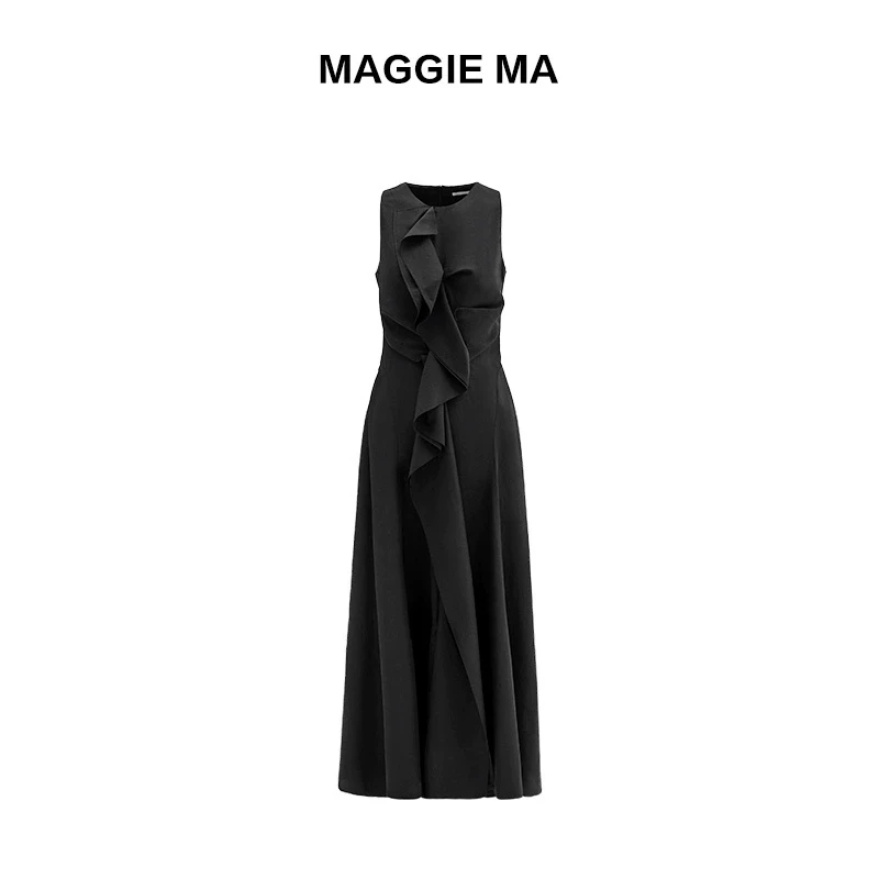 MAGGIE MA马婧设计师款法式复古优雅显瘦拼接木耳边连衣裙女249D