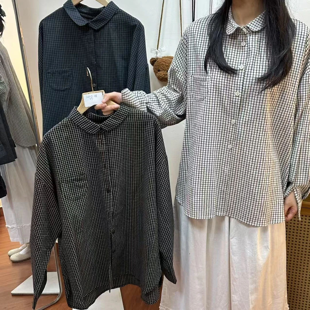 S8699 格子森系衬衫翻领长袖格纹