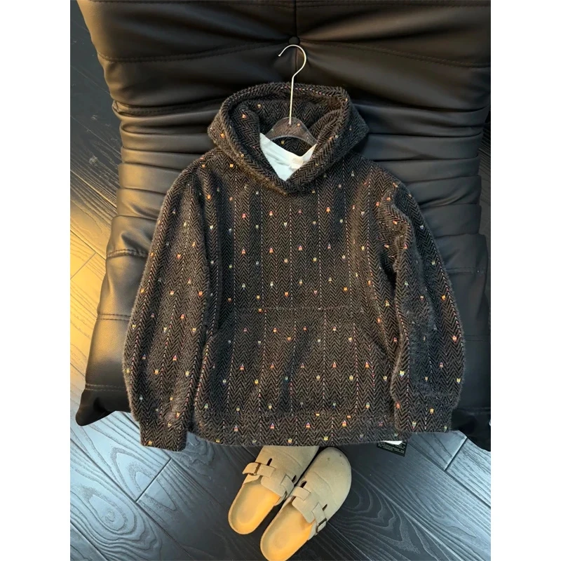 美式复古针织连帽卫衣男款秋冬cleanfit重磅毛绒外套宽松休闲上衣