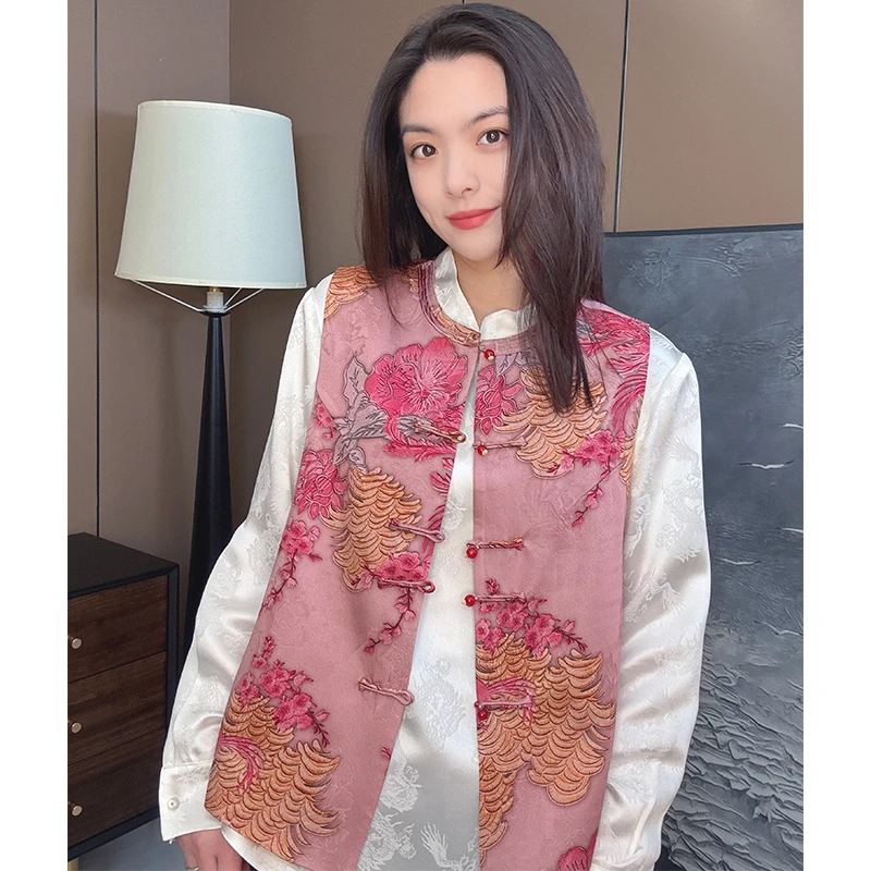 美美国风2025早春新款气质重工一字盘扣提花印染新中式马夹6733