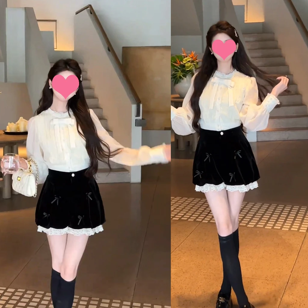 【极简穿搭】时尚蕾丝拼接显瘦气质衬衫上衣+高腰百搭灯笼裤套装女