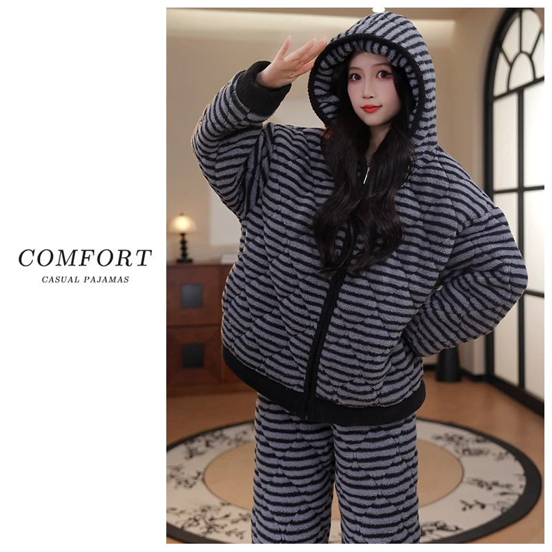 2025年新款睡衣三层夹棉加绒加厚条纹套装冬季保暖加棉女款家居服