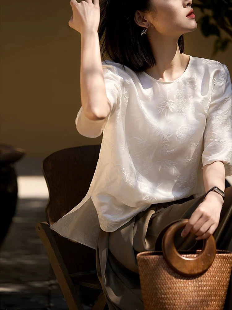【梅竹雅韵】温婉新中式缎面提花短袖上衣25年春夏新