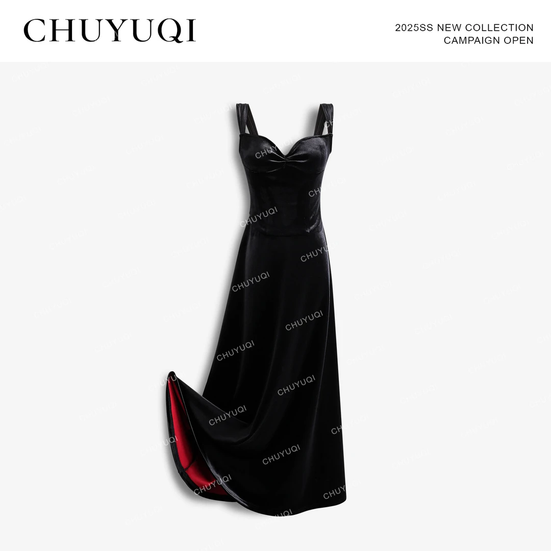 CHUYUQI 夜色漫澜 红底御姐礼服连衣裙高级感赫本风丝绒吊带长裙