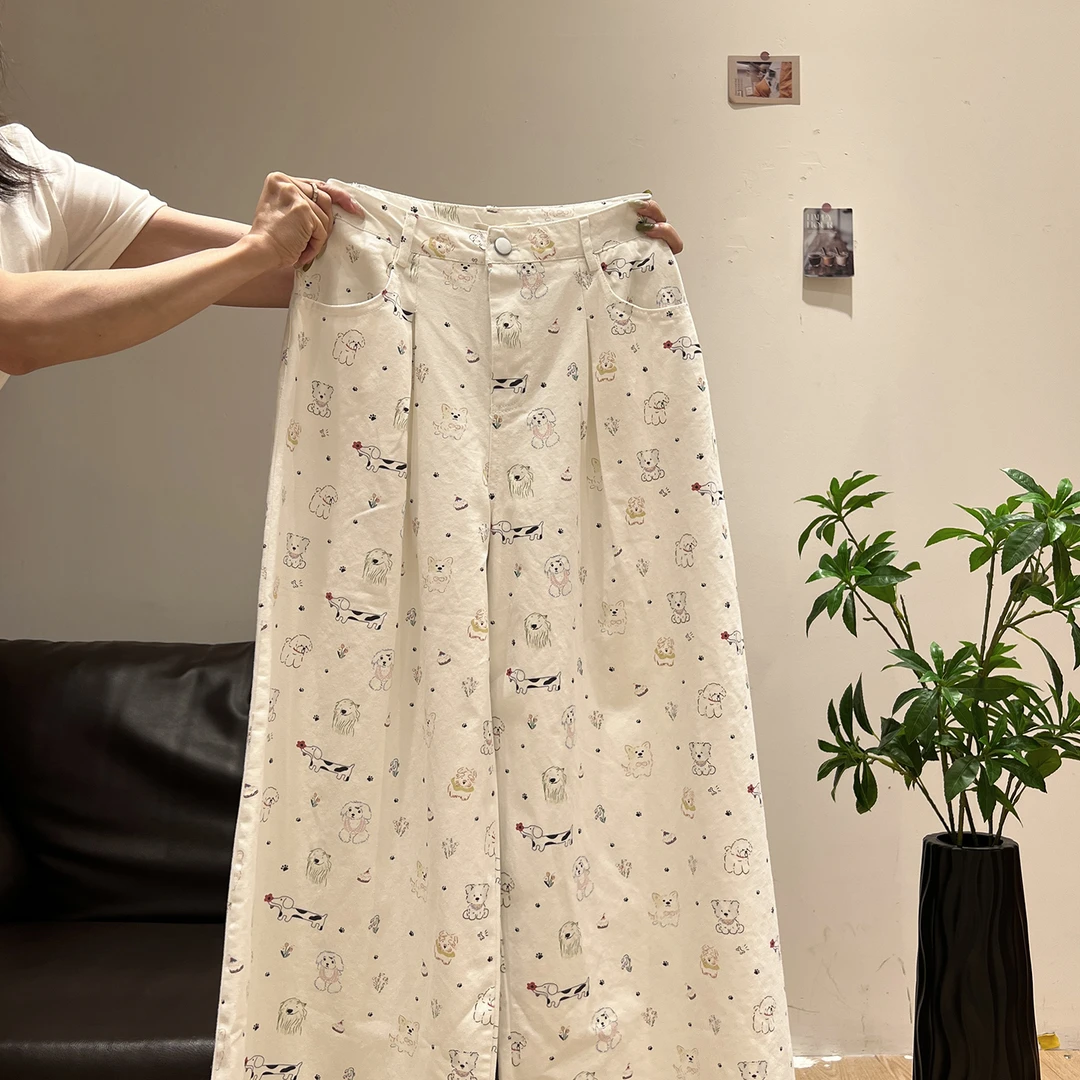时尚白色可爱动物印花宽松休闲长裤女2025秋季新款韩版高腰阔腿裤